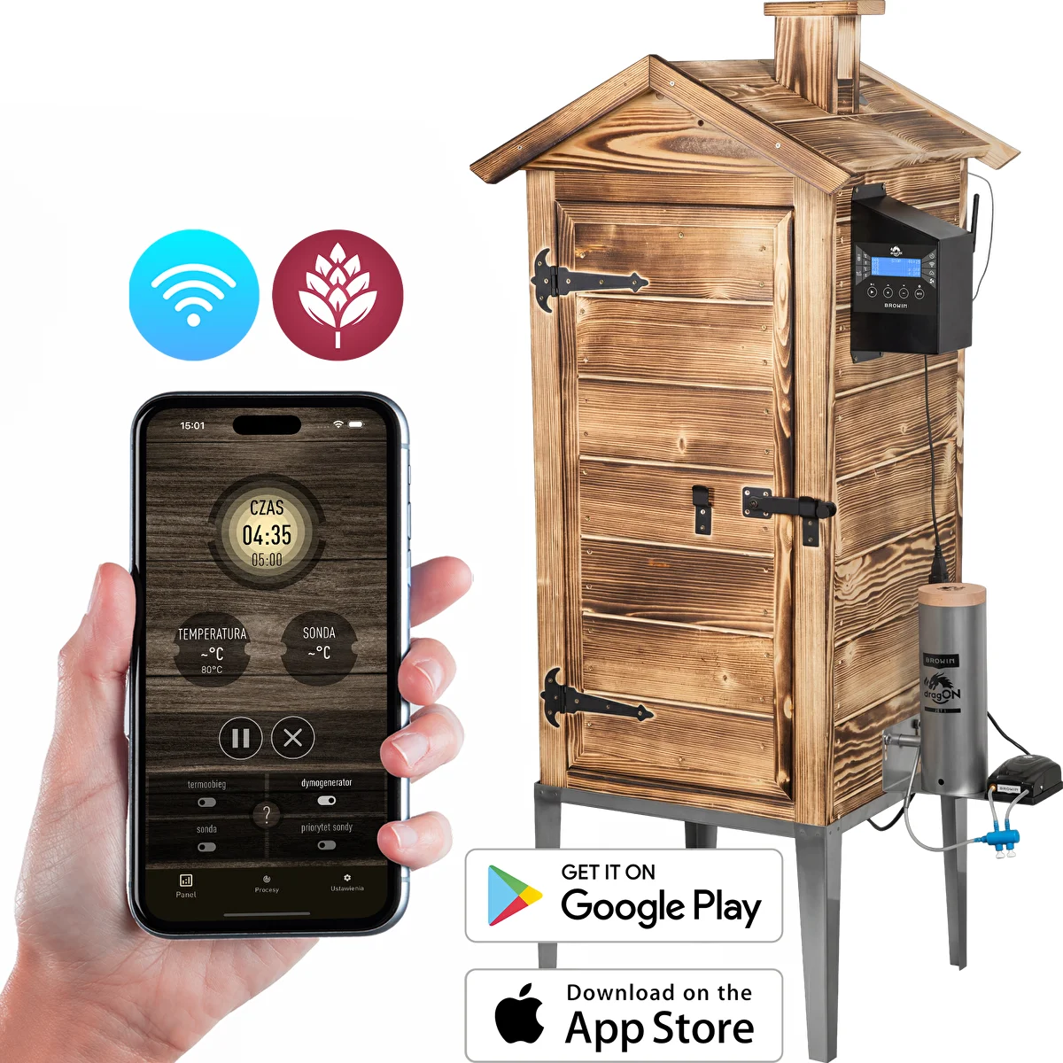 Câmara de fumagem com Wi‑Fi, 200 L – dragON WOOD 100IQ com módulo elétrico de aquecimento e controlador, a lenha