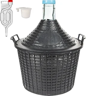 Conjunto básico para vinificação: garrafão de vidro 10 L, em cesto de plástico, com rolha e borbulhador (tubo de fermentação)