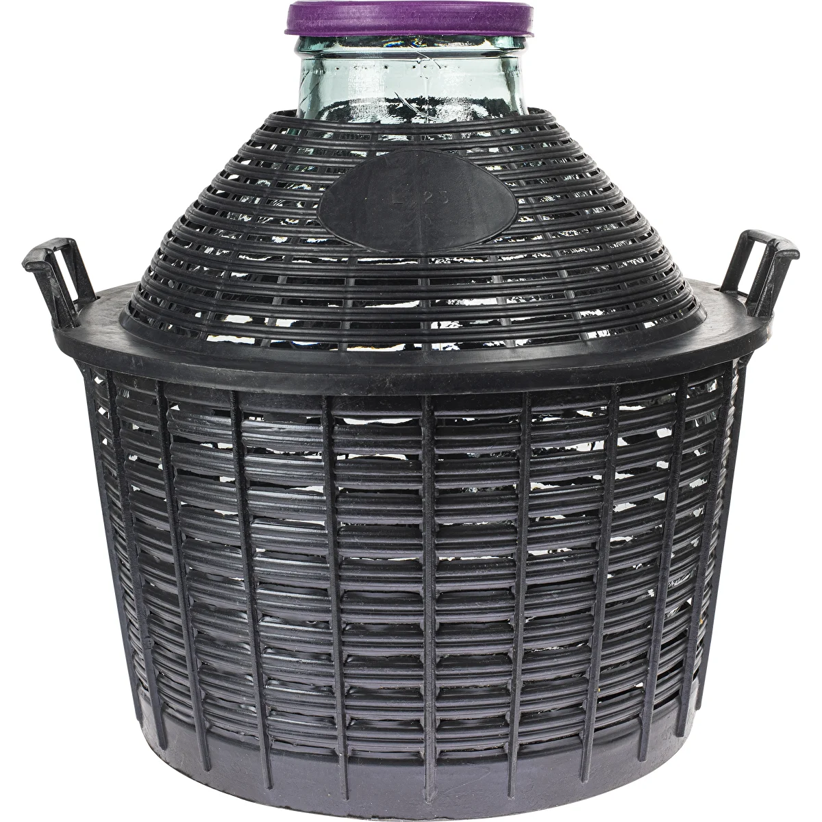 Garrafão de vidro para vinho 25 L, boca larga, com cesto plástico