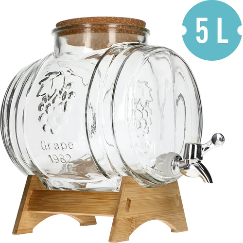 Barril de vidro 5 L, com abertura larga, rolha, base de madeira e torneira - 2