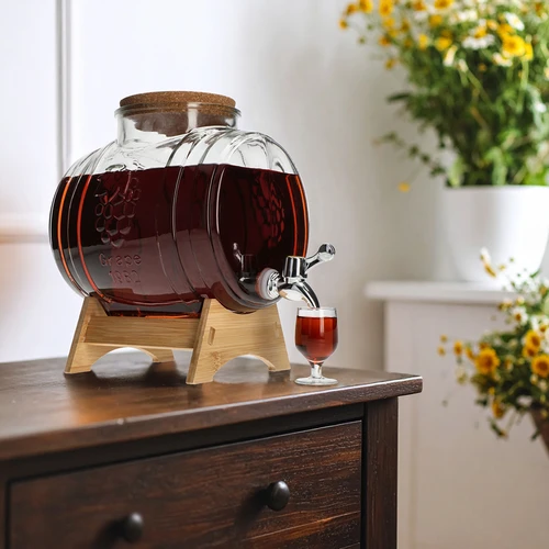 Barril de vidro 5 L, com abertura larga, rolha, base de madeira e torneira - 6