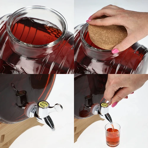 Barril de vidro 5 L, com abertura larga, rolha, base de madeira e torneira - 5