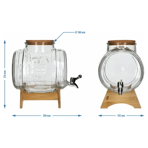 Barril de vidro 5 L, com abertura larga, rolha, base de madeira e torneira - 7