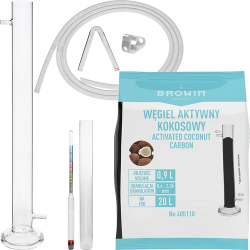 Coluna de filtração de vidro em conjunto com alcoómetro, mangueira de silicone e carvão ativado de coco