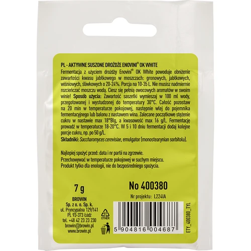 Enovini® OK WHITE - leveduras enológicas redutoras de acidez 7 g - 2