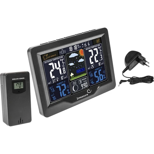 Estação meteorológica RCC, DCF – eletrónica, retroiluminada, sem fios, com sensor, preta