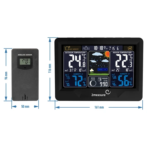 Estação meteorológica RCC, DCF – eletrónica, retroiluminada, sem fios, com sensor, preta - 12