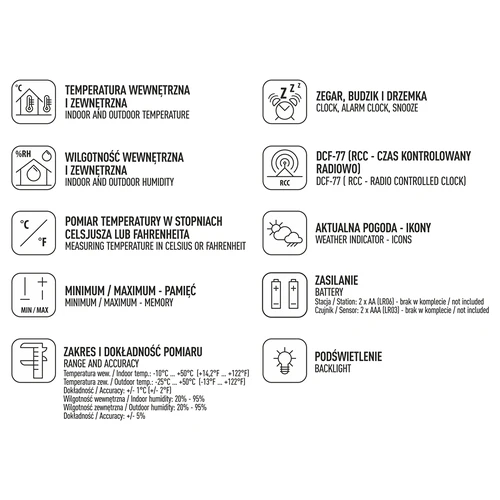 Estação Meteorológica RCC – eletrónica, sem fios, com sensor retroiluminado, preta - 11