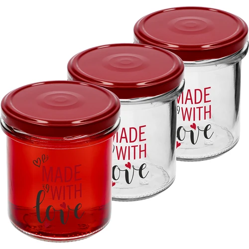 Frasco simples 346 ml fi 82 com impressão colorida "Made With Love" e tampa bordeaux, 3 unid.