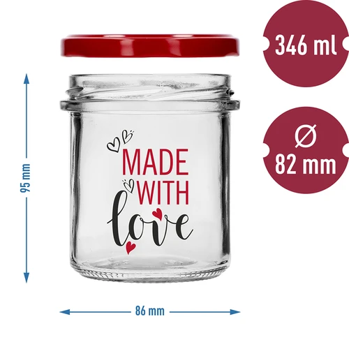 Frasco simples 346ml fi 82 com impressão colorida "Made With Love" e tampa bordô, 3 peças - 6