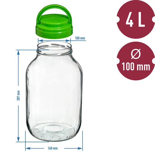 Frasco TO 4 L com tampa de plástico + pinças fi 100 - 6