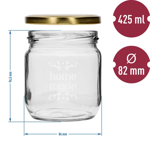 Frasco Twist-off 425ml com impressão 'Home Made' e tampa, 3 peças - 6