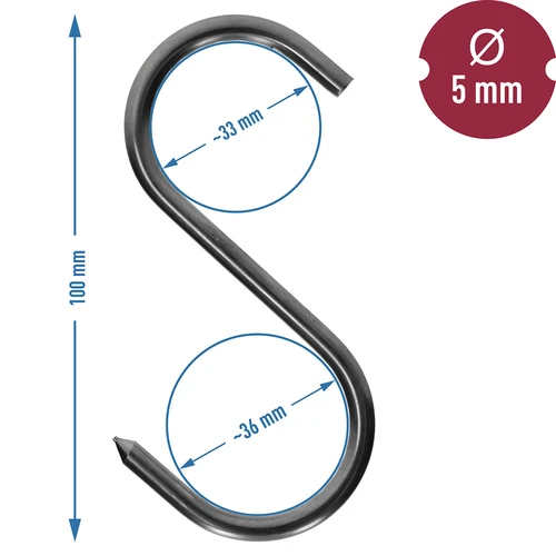 Ganchos para defumação - S, afiados, 5mm x 100mm - 5