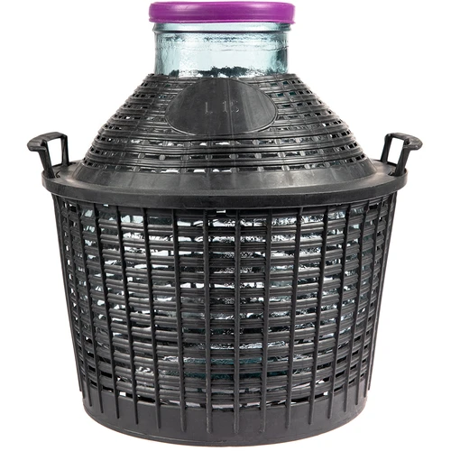 Garrafão para vinho 15 L com boca larga em cesto de plástico