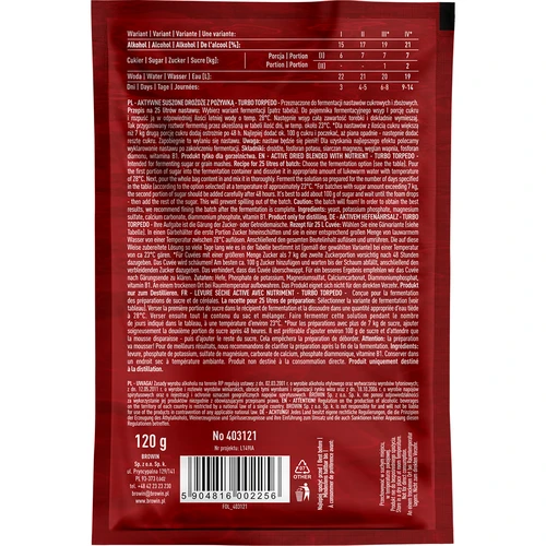 Levedura para destilação Turbo Torpedo 72h 21% - 120 g - 2