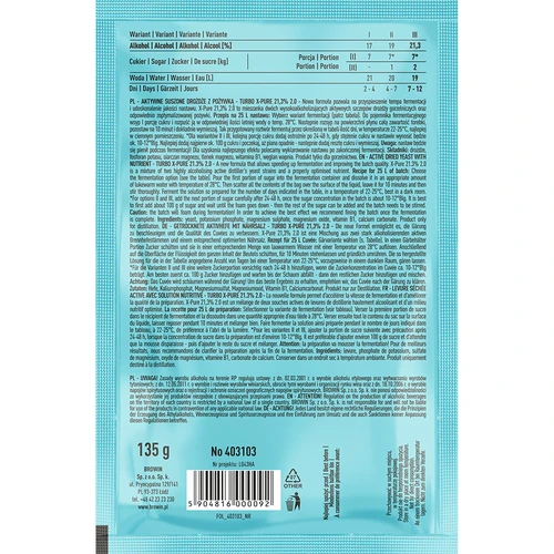 Leveduras Turbo X-Pure 21,3% 48h, 25 L - 2