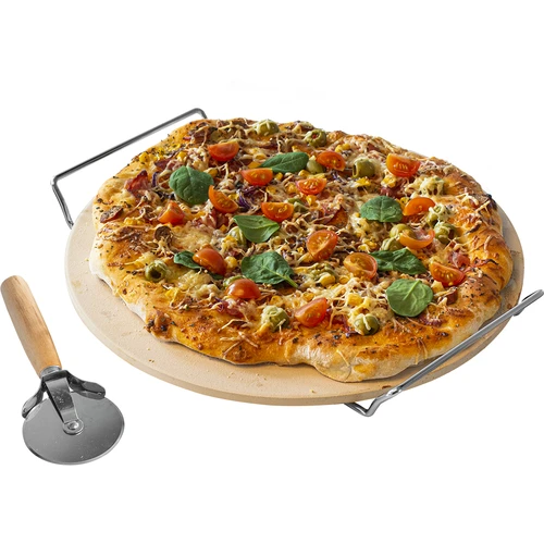 Pedra para pizza com pega e cortador, em cordierita, redonda 33 cm