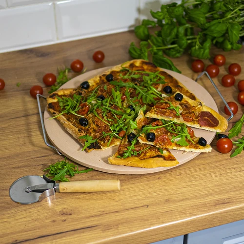 Pedra para pizza com pega e cortador, em cordierita, redonda 33 cm - 14