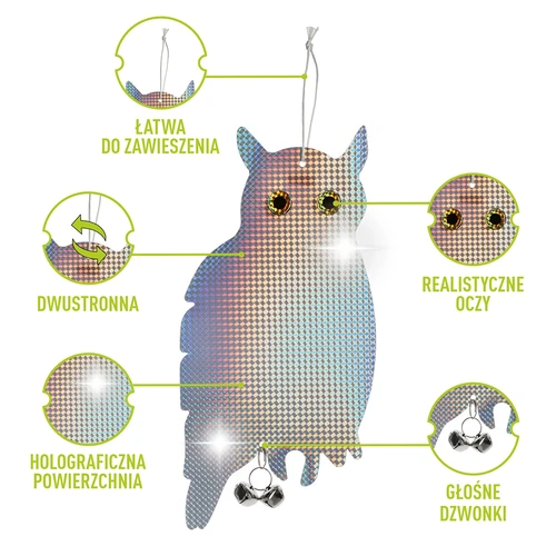 Pendente refletivo repelente de pássaros - coruja com sinos - 4