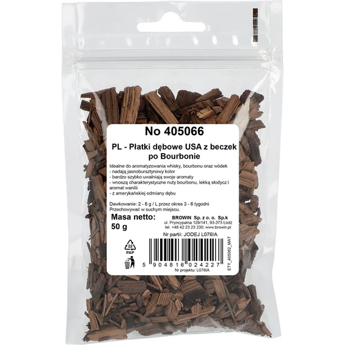 Płatki dębowe amerykańskie, mocno opiekane, z beczek po bourbonie, 50 g - 2