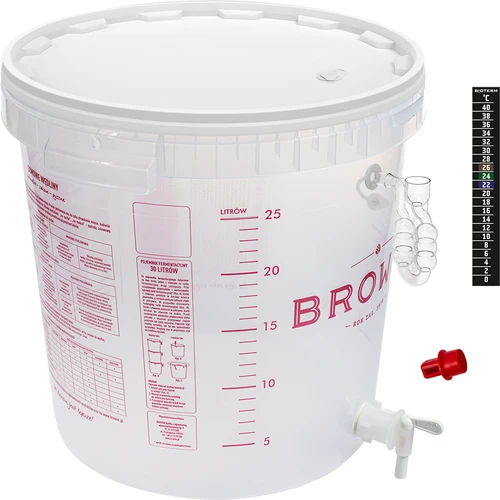 Recipiente para fermentação de cerveja com tubo de fermentação, torneira, termômetro e redutor de sedimentos  - 1 