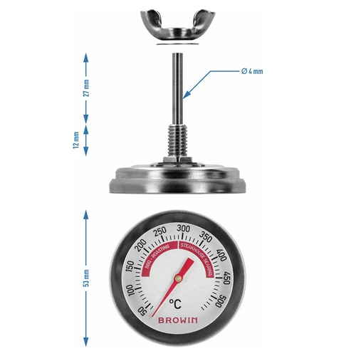 Termômetro para churrasco e BBQ, de 50 a +500°C, bimetálico, 5,3cm - 7