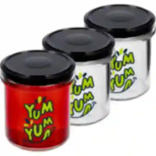 Frasco simples 346ml fi 82 com impressão colorida "Yum Yum" e tampa preta, 3 peças
