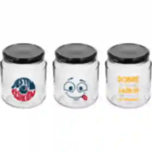Frasco TO 580ml fi 82 com impressão colorida e tampa preta, 3 peças.
