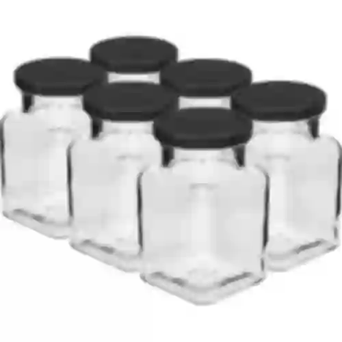 Frasco twist off 150ml Quatro cantos fi 53 com tampa preta, 6 unid.