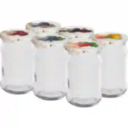 Frascos 300 ml com tampa colorida fi 66 - 6 unid.