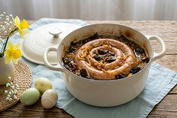 Salsicha branca enrolada, assada com cogumelos e ameixa fumada