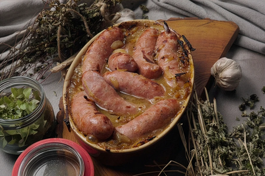 Biała kiełbasa pieczona w piwie z musztardą i cebulą
